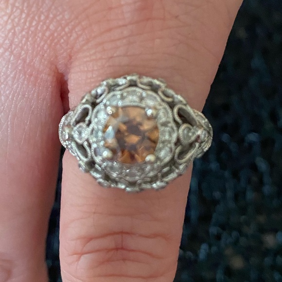 18K White Gold Orange-Brown Diamond Filigree Engagement Ring - Picture 5 of 6